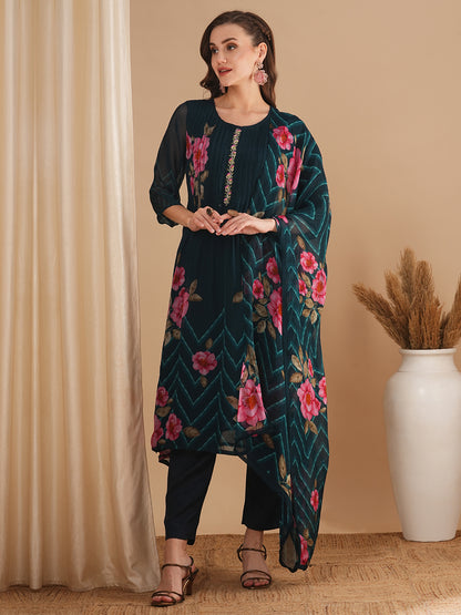 Floral Printed & Pin Tucked A-Line Kurta with Pant & Dupatta - Blue