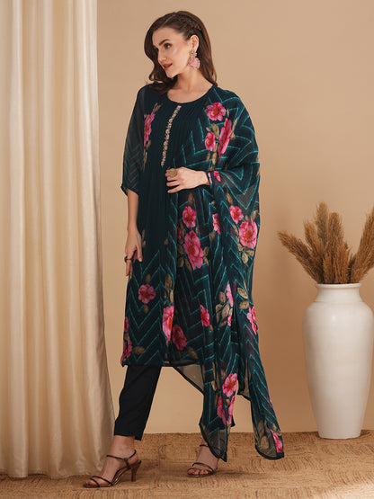 Floral Printed & Pin Tucked A-Line Kurta with Pant & Dupatta - Blue