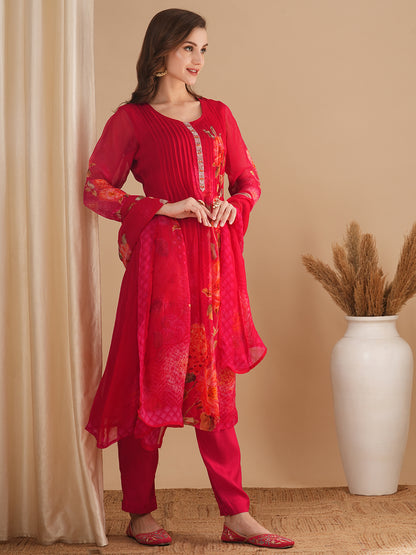 Floral Printed & Pin Tucked A-Line Kurta with Pant & Dupatta - Pink