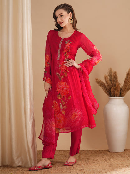 Floral Printed & Pin Tucked A-Line Kurta with Pant & Dupatta - Pink