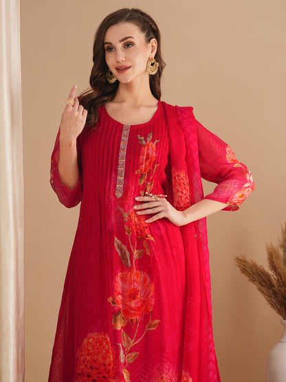 Floral Printed & Pin Tucked A-Line Kurta with Pant & Dupatta - Pink