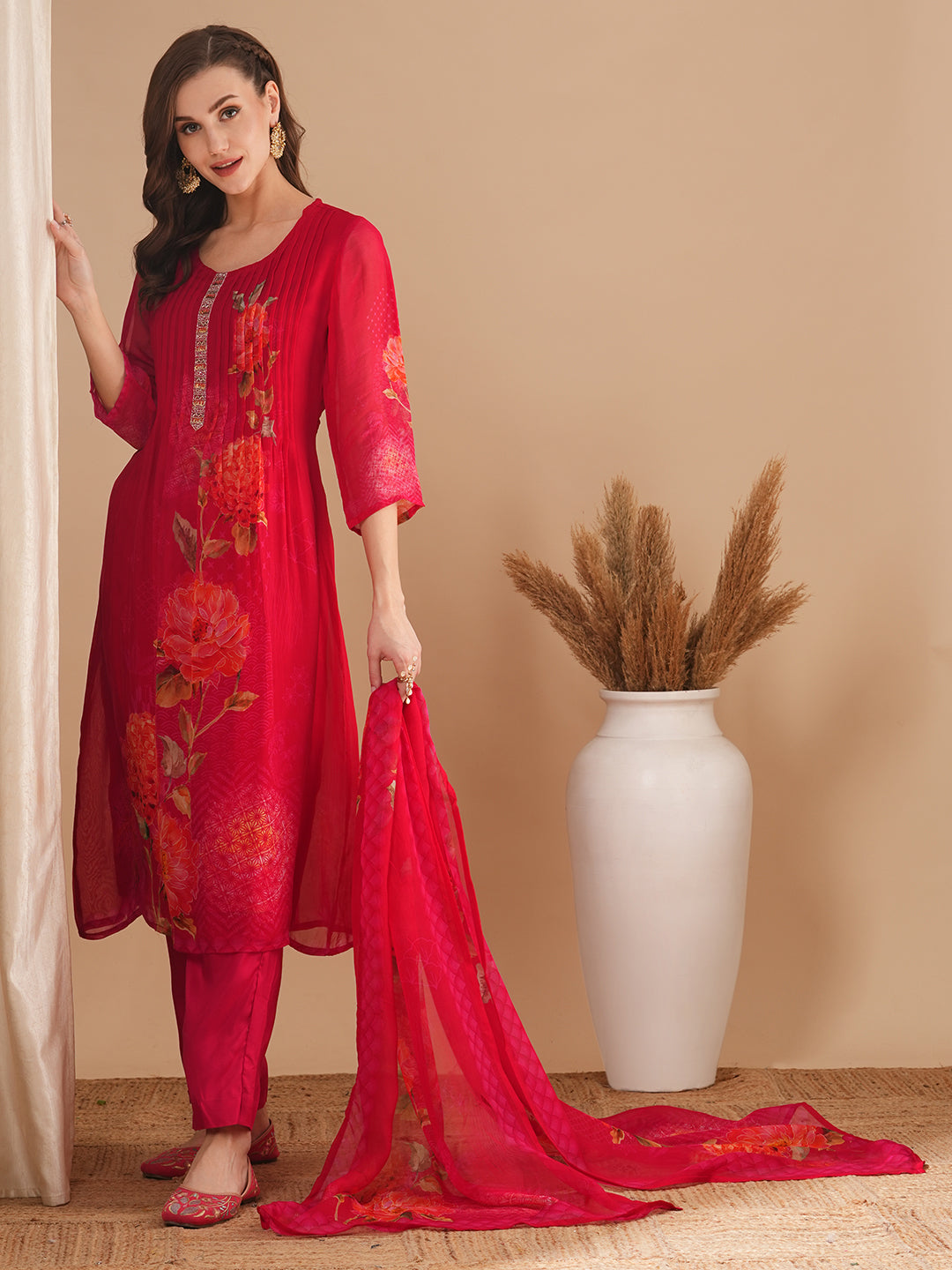 Floral Printed & Pin Tucked A-Line Kurta with Pant & Dupatta - Pink