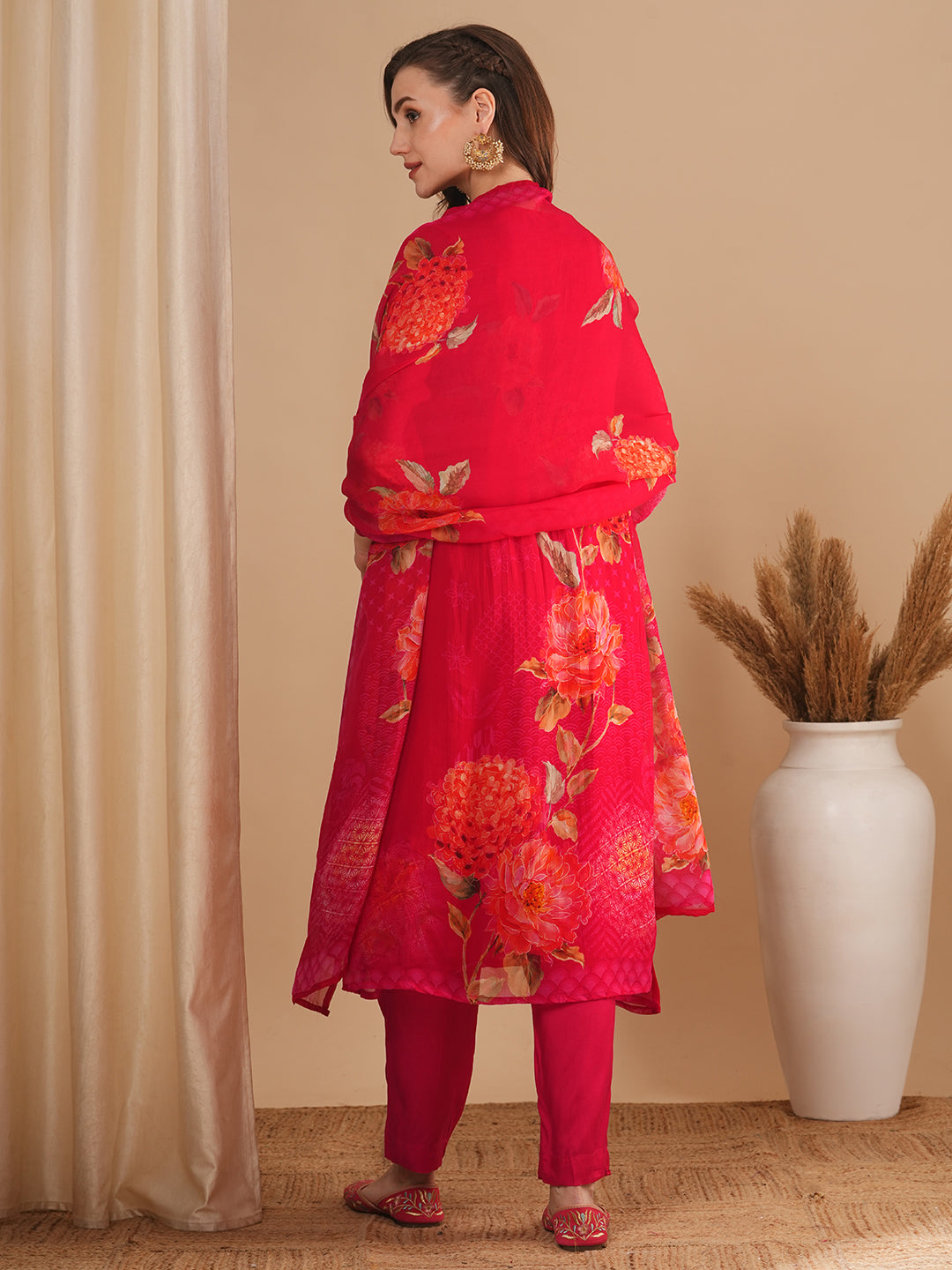 Floral Printed & Pin Tucked A-Line Kurta with Pant & Dupatta - Pink