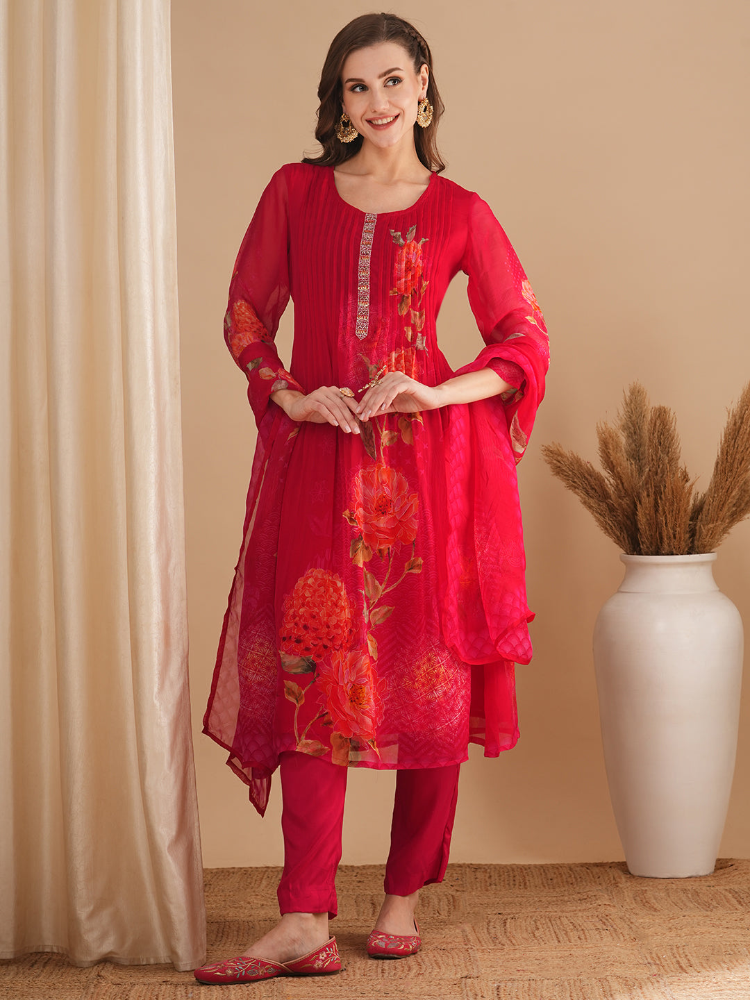 Floral Printed & Pin Tucked A-Line Kurta with Pant & Dupatta - Pink