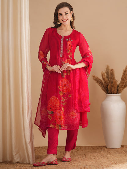 Floral Printed & Pin Tucked A-Line Kurta with Pant & Dupatta - Pink