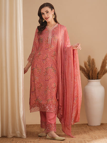 Ethnic Floral Printed & Embroidered Straight Kurta with Pant & Dupatta - Pink