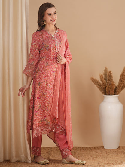 Ethnic Floral Printed & Embroidered Straight Kurta with Pant & Dupatta - Pink