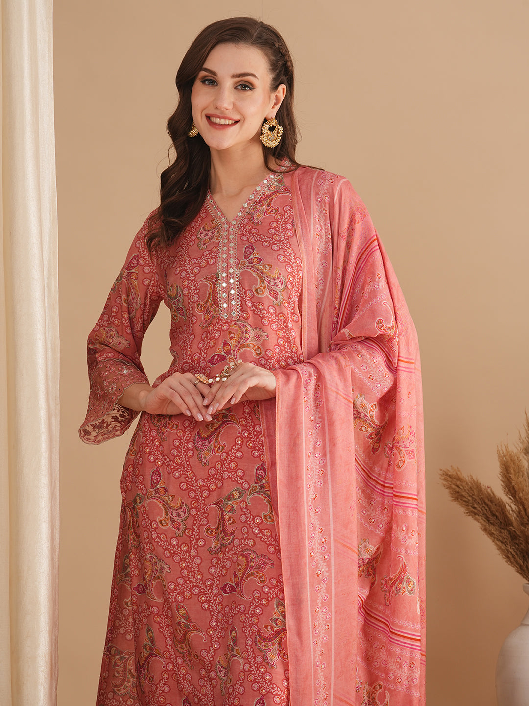 Ethnic Floral Printed & Embroidered Straight Kurta with Pant & Dupatta - Pink