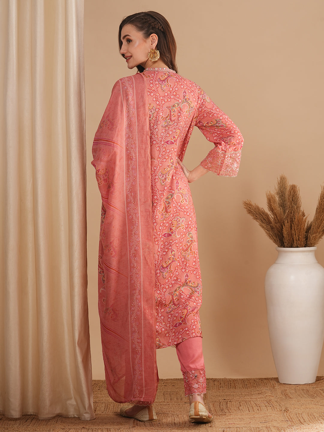 Ethnic Floral Printed & Embroidered Straight Kurta with Pant & Dupatta - Pink