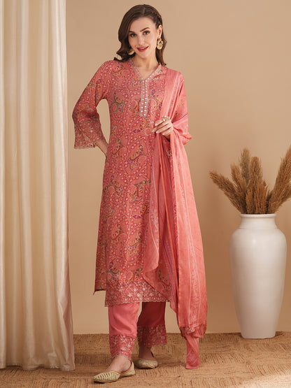 Ethnic Floral Printed & Embroidered Straight Kurta with Pant & Dupatta - Pink