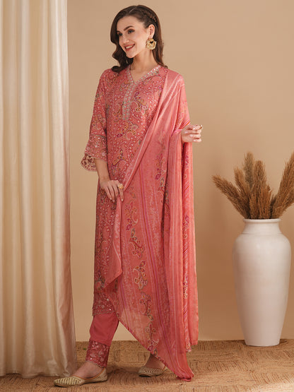 Ethnic Floral Printed & Embroidered Straight Kurta with Pant & Dupatta - Pink