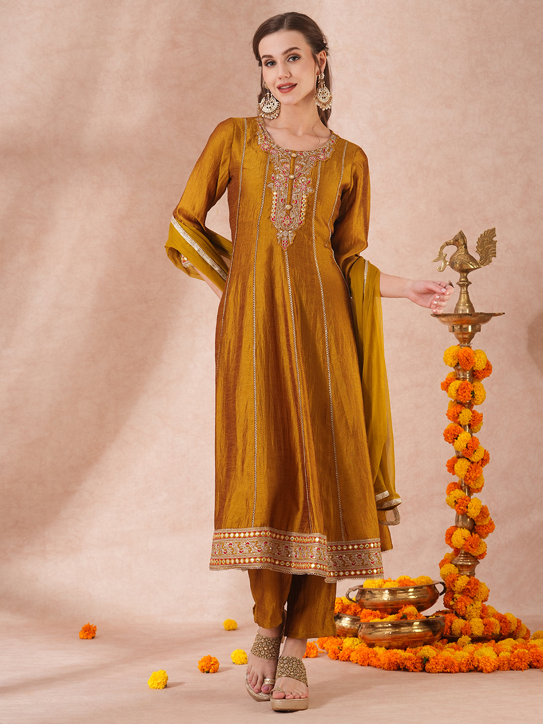 Solid Ethnic Embroidered Anarkali Flared Kurta with Pant & Dupatta - Mustard