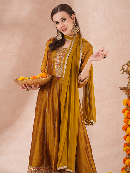 Solid Ethnic Embroidered Anarkali Flared Kurta with Pant & Dupatta - Mustard