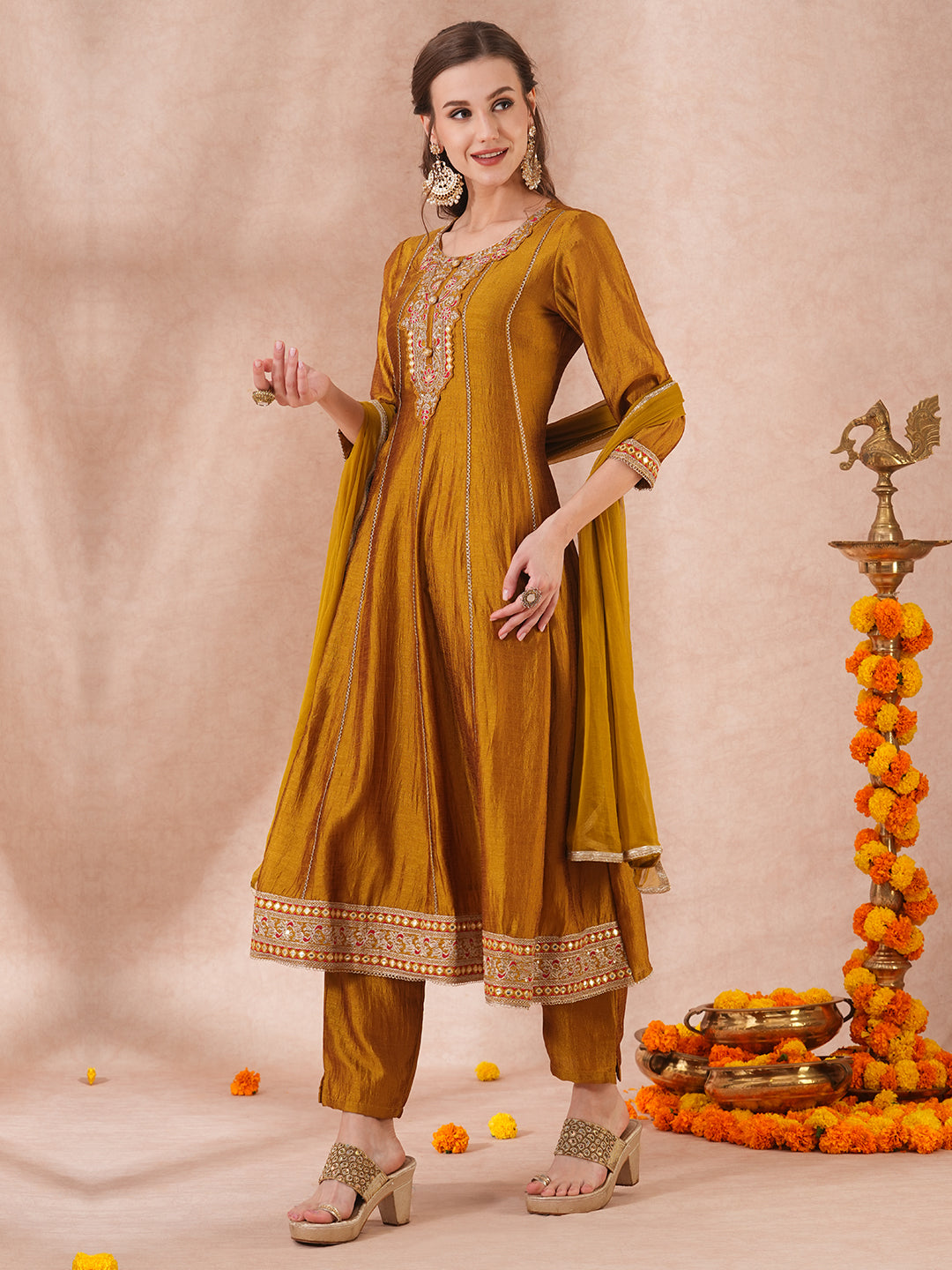 Solid Ethnic Embroidered Anarkali Flared Kurta with Pant & Dupatta - Mustard