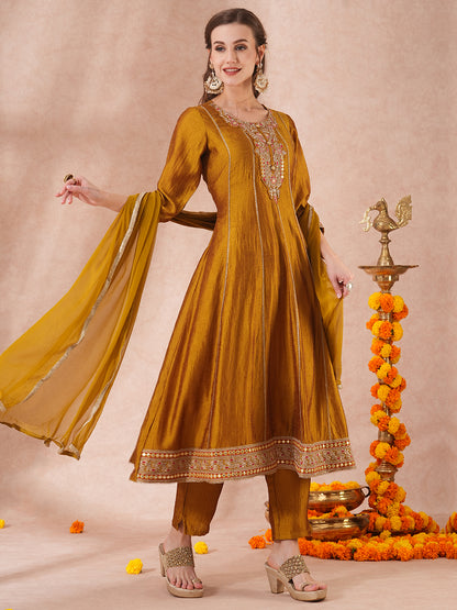 Solid Ethnic Embroidered Anarkali Flared Kurta with Pant & Dupatta - Mustard