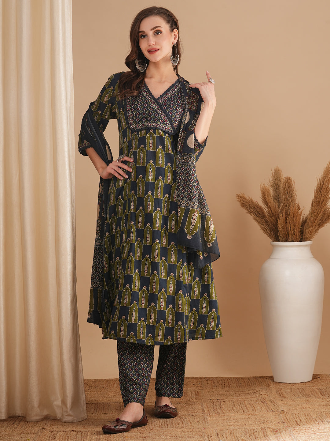 Ethnic Printed & Embroidered A-Line Paneled Kurta with Pant & Dupatta - Grey