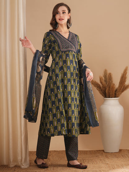 Ethnic Printed & Embroidered A-Line Paneled Kurta with Pant & Dupatta - Grey