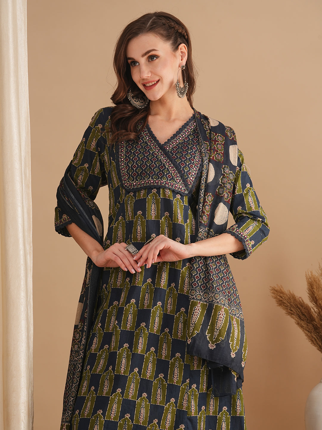 Ethnic Printed & Embroidered A-Line Paneled Kurta with Pant & Dupatta - Grey