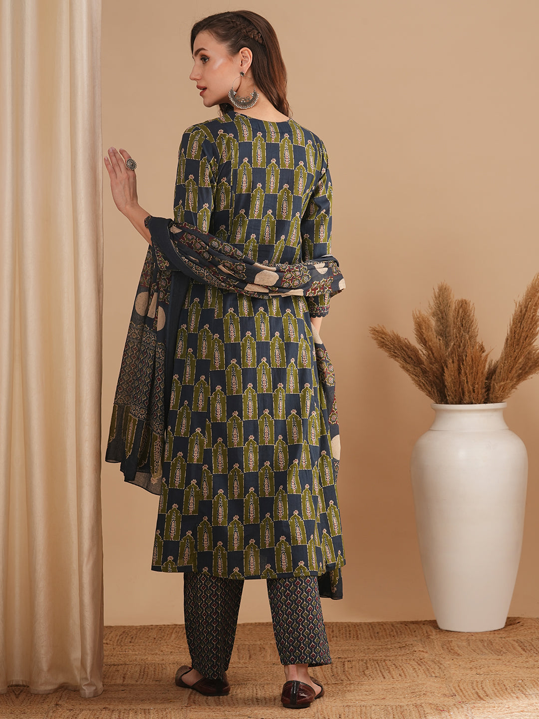 Ethnic Printed & Embroidered A-Line Paneled Kurta with Pant & Dupatta - Grey