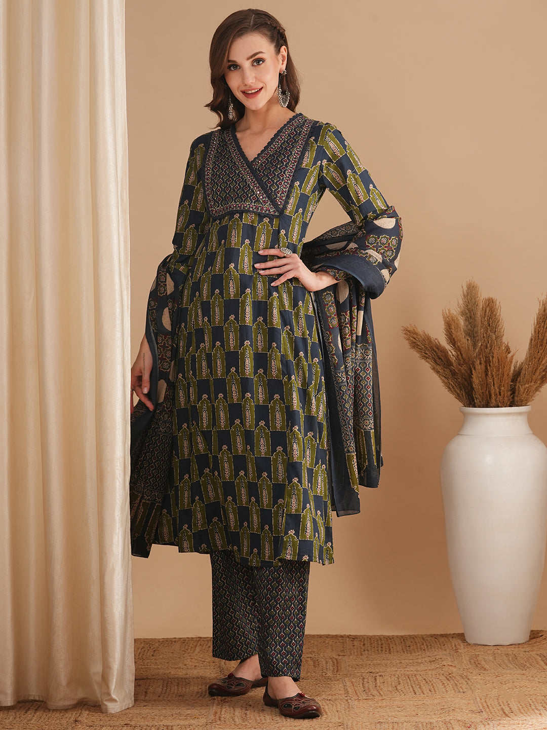 Ethnic Printed & Embroidered A-Line Paneled Kurta with Pant & Dupatta - Grey