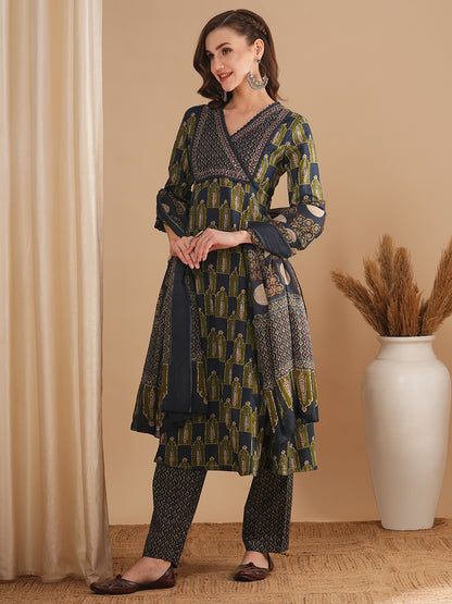 Ethnic Printed & Embroidered A-Line Paneled Kurta with Pant & Dupatta - Grey