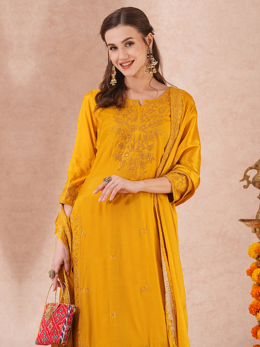 Solid Floral Embroidered Straight Fit Kurta with Palazzo & Dupatta - Mustard