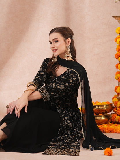 Solid Zari Floral Embroidered Straight Fit Kurta with Palazzo & Dupatta - Black