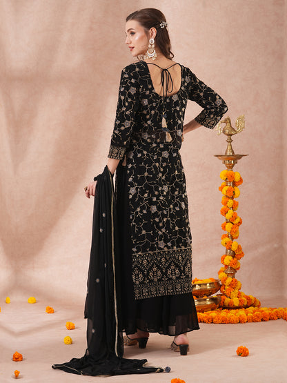 Solid Zari Floral Embroidered Straight Fit Kurta with Palazzo & Dupatta - Black