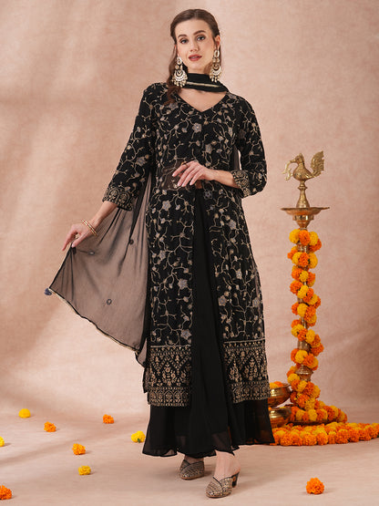 Solid Zari Floral Embroidered Straight Fit Kurta with Palazzo & Dupatta - Black