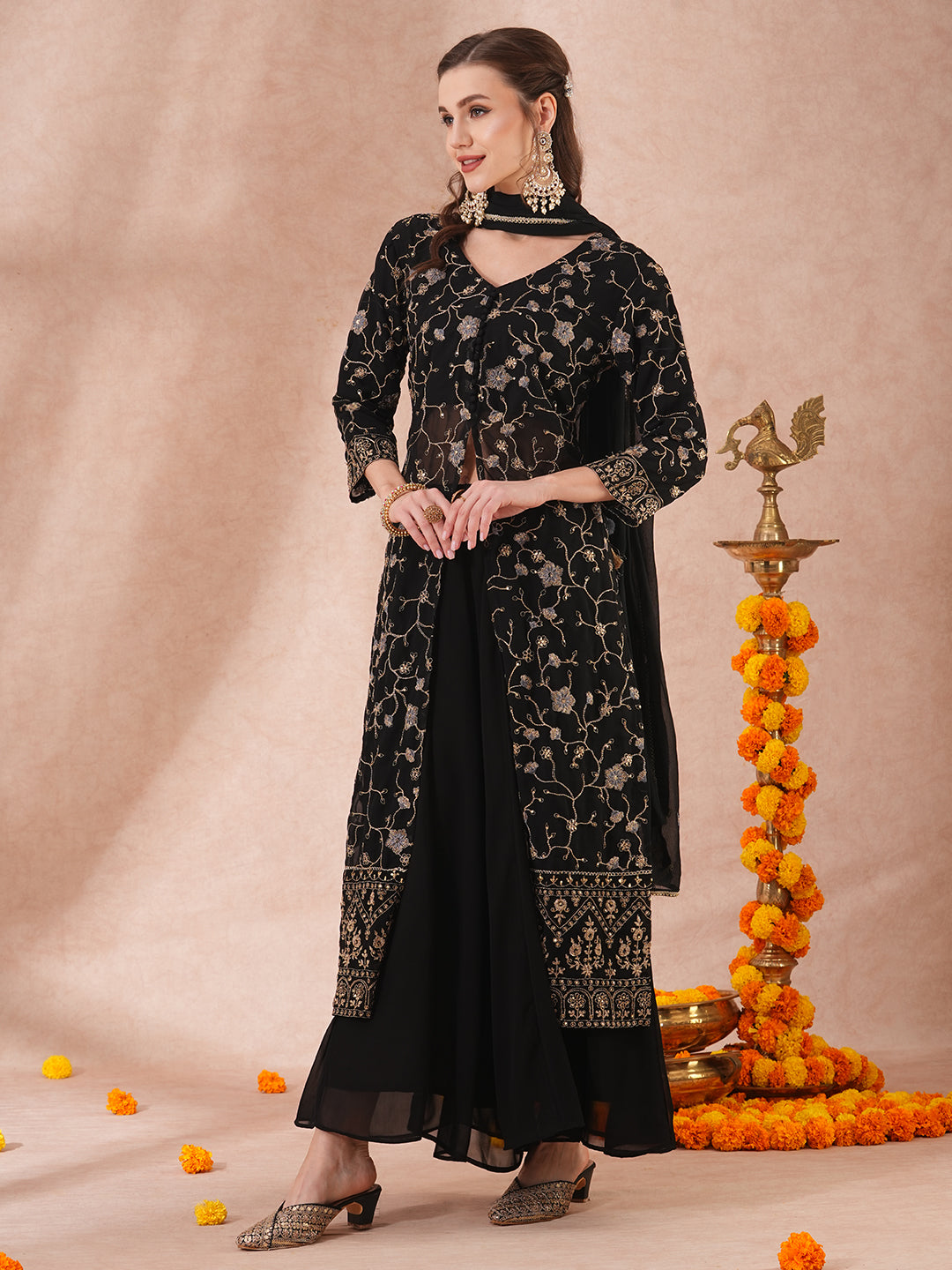 Solid Zari Floral Embroidered Straight Fit Kurta with Palazzo & Dupatta - Black