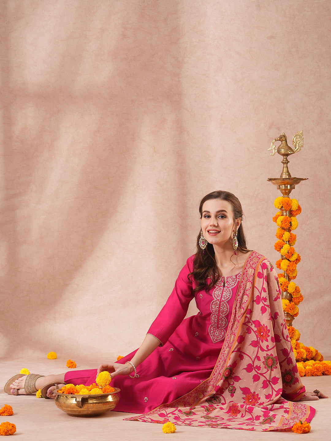 Solid Ethnic Floral Embroidered Straight Fit Kurta with Pant & Dupatta - Pink