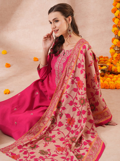 Solid Ethnic Floral Embroidered Straight Fit Kurta with Pant & Dupatta - Pink