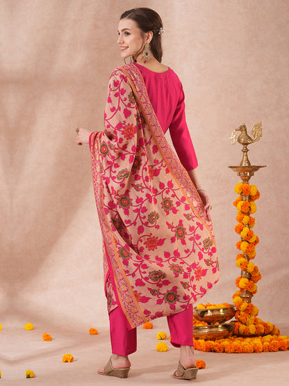 Solid Ethnic Floral Embroidered Straight Fit Kurta with Pant & Dupatta - Pink