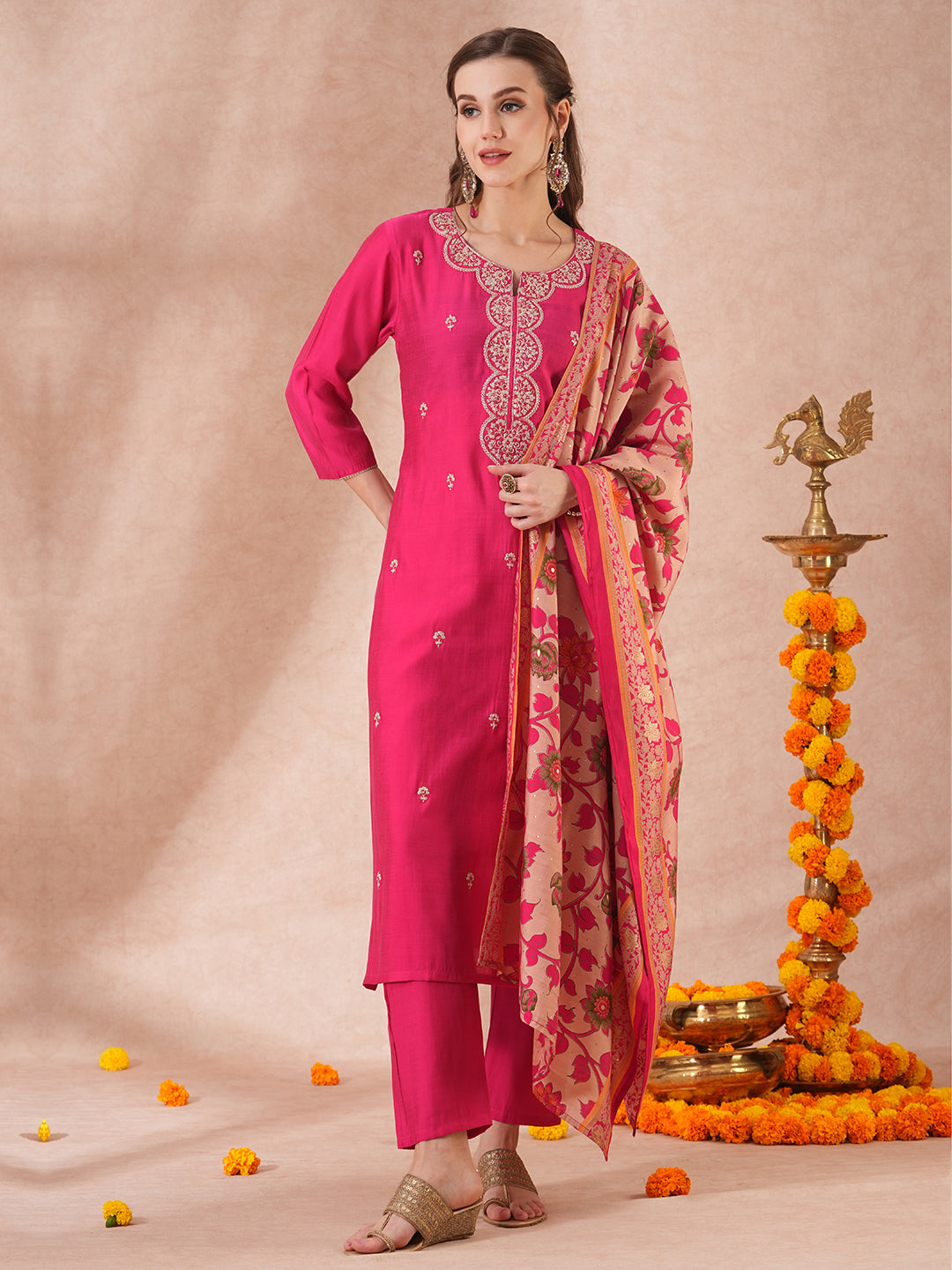 Solid Ethnic Floral Embroidered Straight Fit Kurta with Pant & Dupatta - Pink