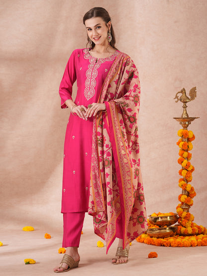 Solid Ethnic Floral Embroidered Straight Fit Kurta with Pant & Dupatta - Pink