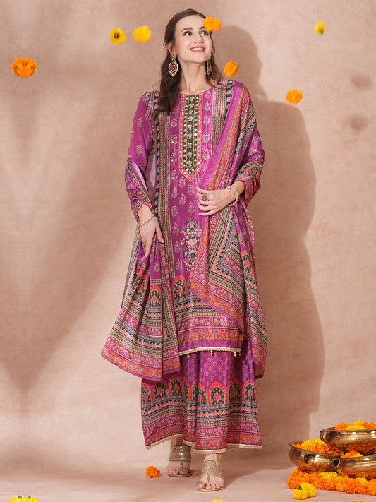 Ethnic Printed & Embroidered Straight Kurta with Flared Palazzo & Dupatta - Purple