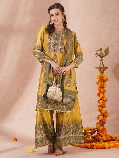 Ethnic Printed & Embroidered Straight Fit Kurta with Palazzo & Dupatta - Mustard