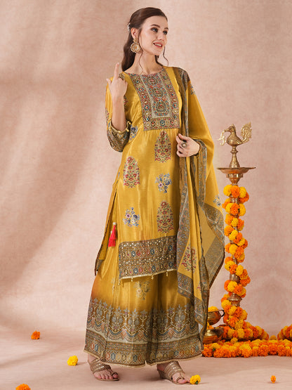 Ethnic Printed & Embroidered Straight Fit Kurta with Palazzo & Dupatta - Mustard