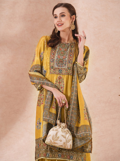 Ethnic Printed & Embroidered Straight Fit Kurta with Palazzo & Dupatta - Mustard