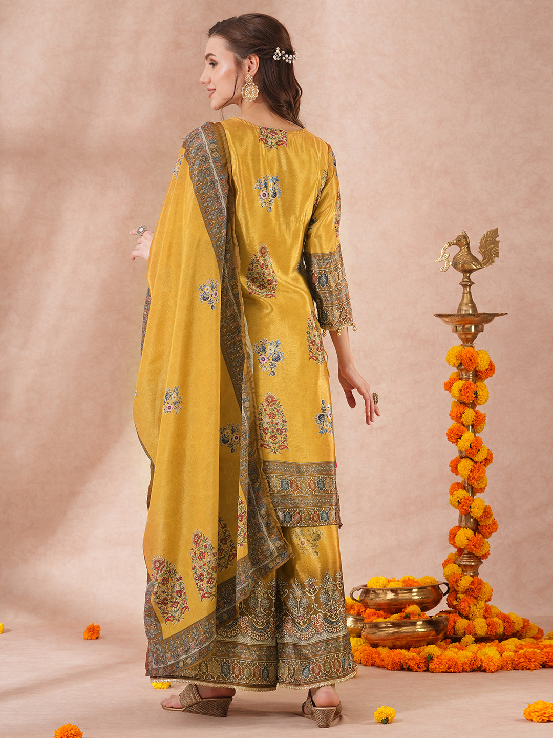 Ethnic Printed & Embroidered Straight Fit Kurta with Palazzo & Dupatta - Mustard