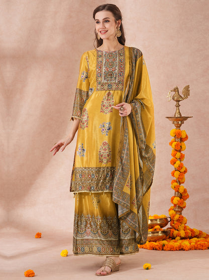 Ethnic Printed & Embroidered Straight Fit Kurta with Palazzo & Dupatta - Mustard