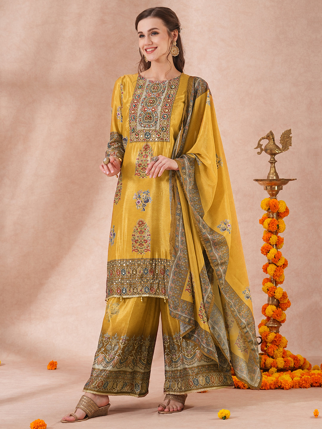 Ethnic Printed & Embroidered Straight Fit Kurta with Palazzo & Dupatta - Mustard