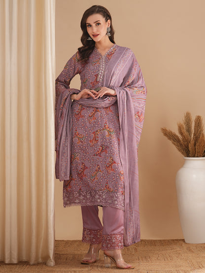 Ethnic Floral Printed & Embroidered Straight Kurta with Pant & Dupatta - Lavender