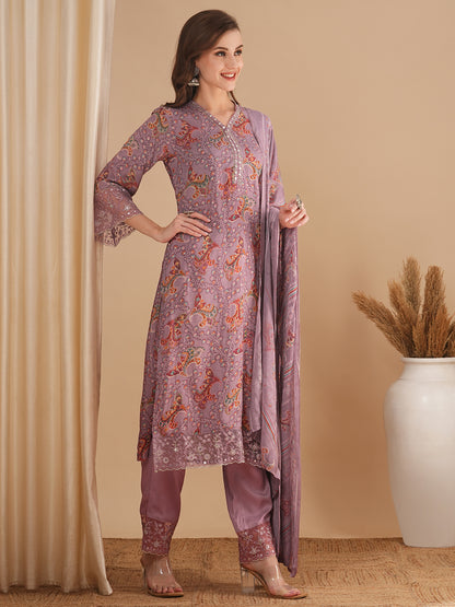 Ethnic Floral Printed & Embroidered Straight Kurta with Pant & Dupatta - Lavender