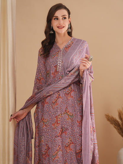 Ethnic Floral Printed & Embroidered Straight Kurta with Pant & Dupatta - Lavender