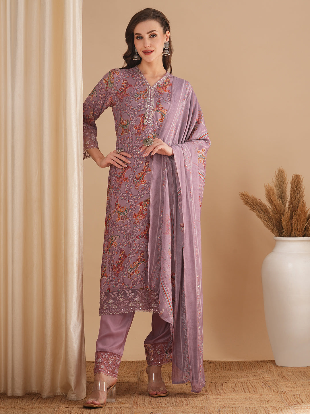 Ethnic Floral Printed & Embroidered Straight Kurta with Pant & Dupatta - Lavender