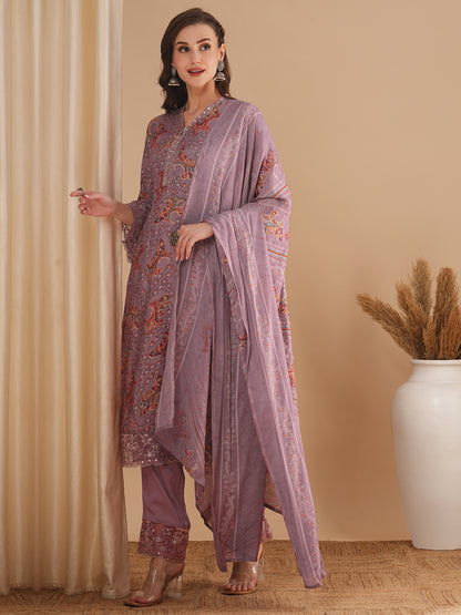 Ethnic Floral Printed & Embroidered Straight Kurta with Pant & Dupatta - Lavender