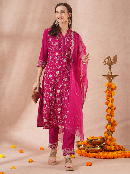 Solid Floral Sequin Embroidered Straight Fit Kurta with Pant & Dupatta - Pink