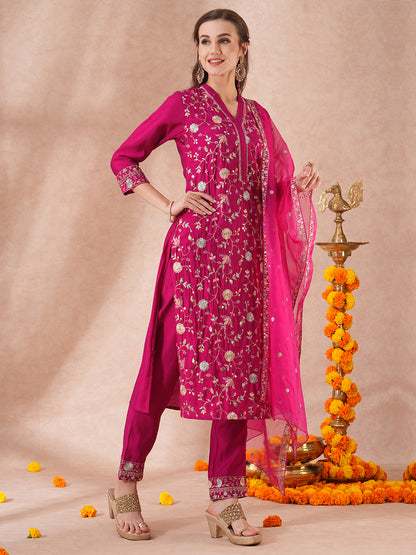 Solid Floral Sequin Embroidered Straight Fit Kurta with Pant & Dupatta - Pink