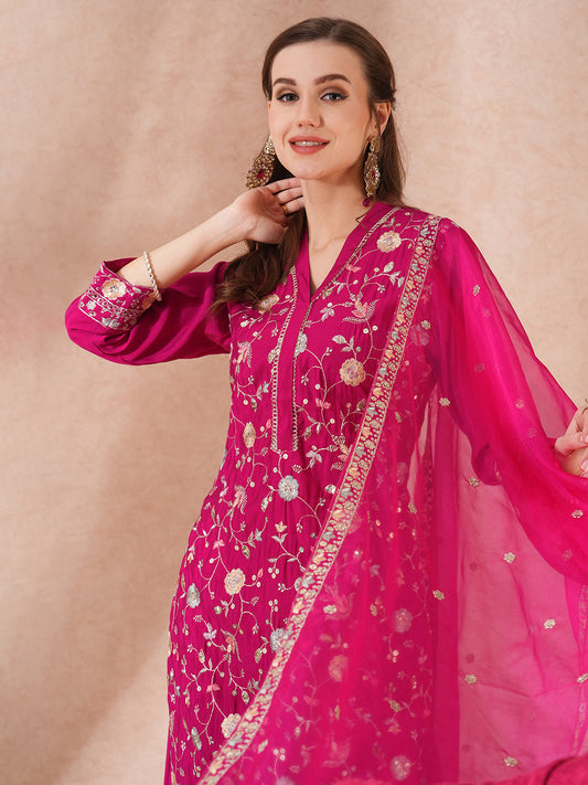 Solid Floral Sequin Embroidered Straight Fit Kurta with Pant & Dupatta - Pink